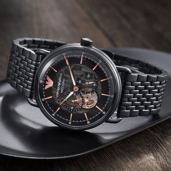 Emporio Armani Mecchanico Multifunction Black Stainless Steel Watch - AR60025 - Authentic
