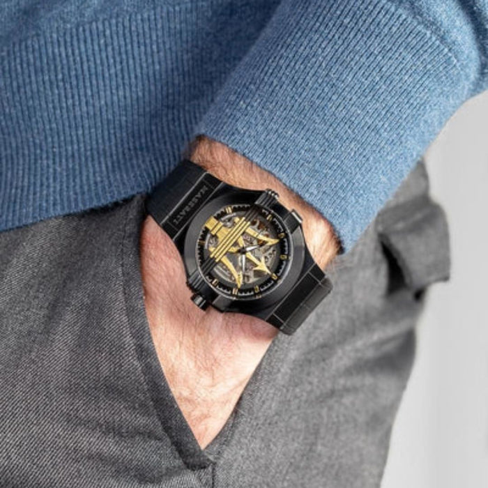 Maserati Men's Black Skeleton Automatic Watch with Gold Trident - R8821108027 - Authentic