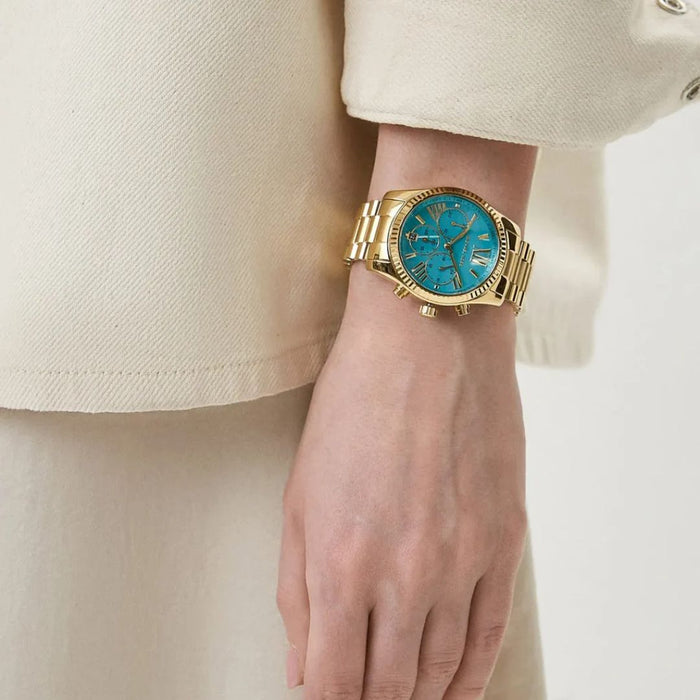 Michael Kors Lexington Chronograph Blue Dial Gold Steel Strap Watch For Women  MK7216Authentic