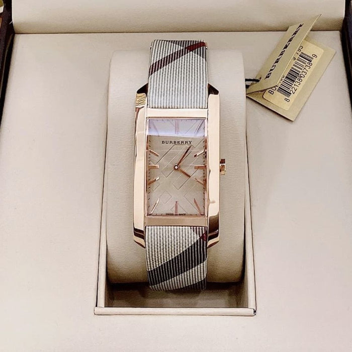 Burberry Rose Gold Rectangular Watch with Signature Check Strap BU9510 - Authentic