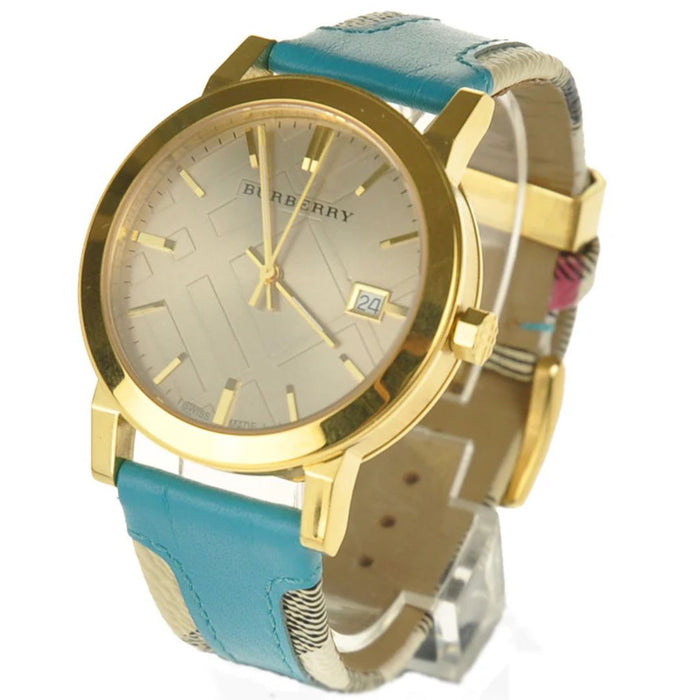 Burberry Gold Case Watch with Teal Leather Strap - Authentic