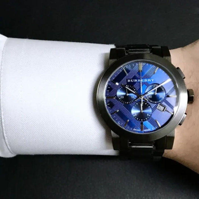 Burberry Men's Black Ion-Plated Chronograph Watch with Blue Dial - BU9365 - Authentic