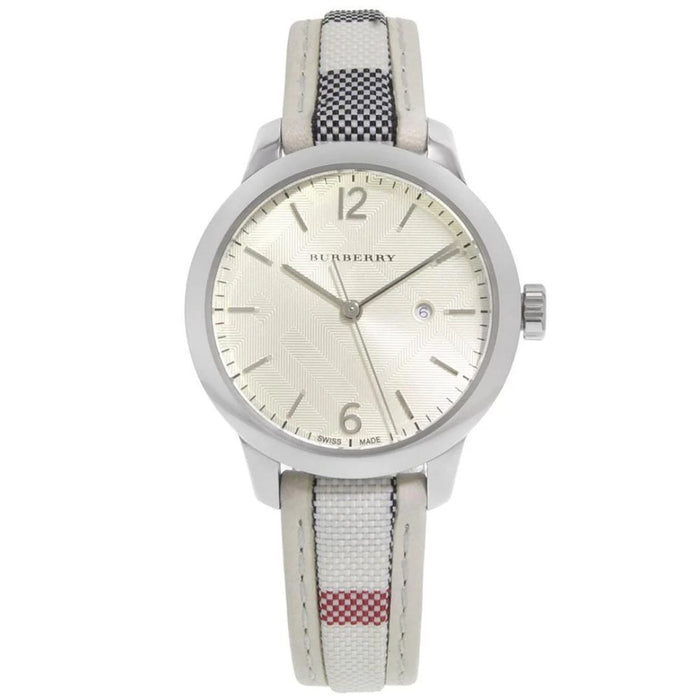 Burberry Classic Silver Watch – Ivory Dial with Check Strap BU10113 - Authentic