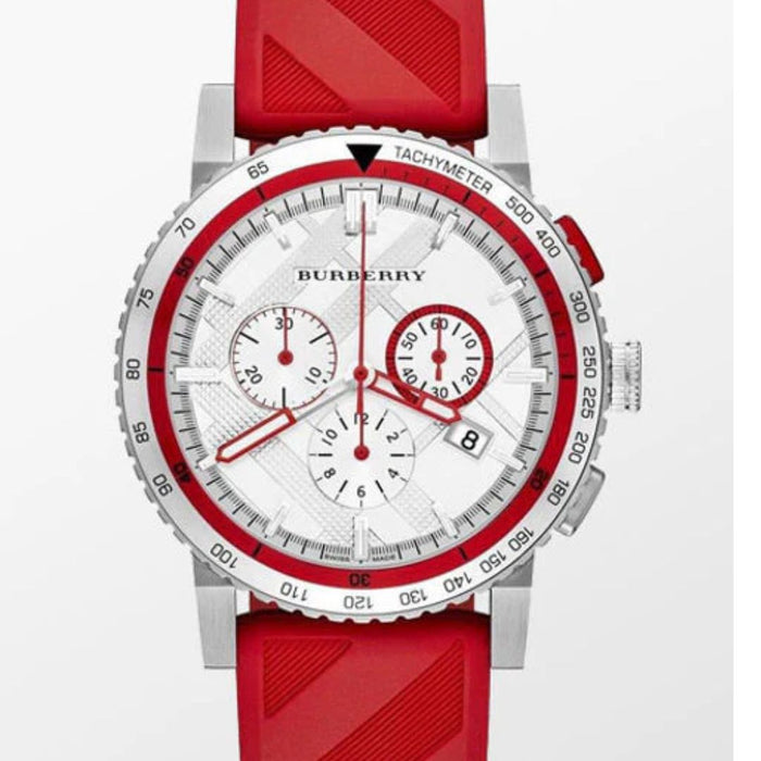 Burberry City Sport Chronograph White Dial Red Rubber Strap Watch For Men BU9809 - Authentic