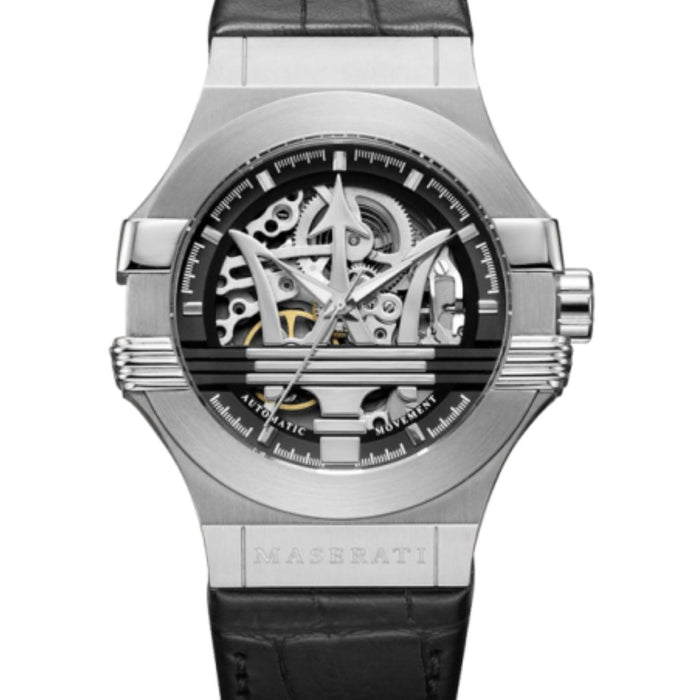 Maserati Men's Silver Skeleton Automatic Watch with Black Leather Strap - R8821108001 - Authentic