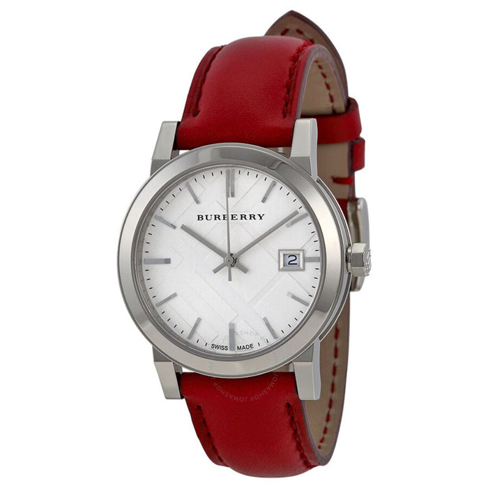 Burberry Silver Dial Watch – Burgundy Leather Strap BU9129 - Authentic