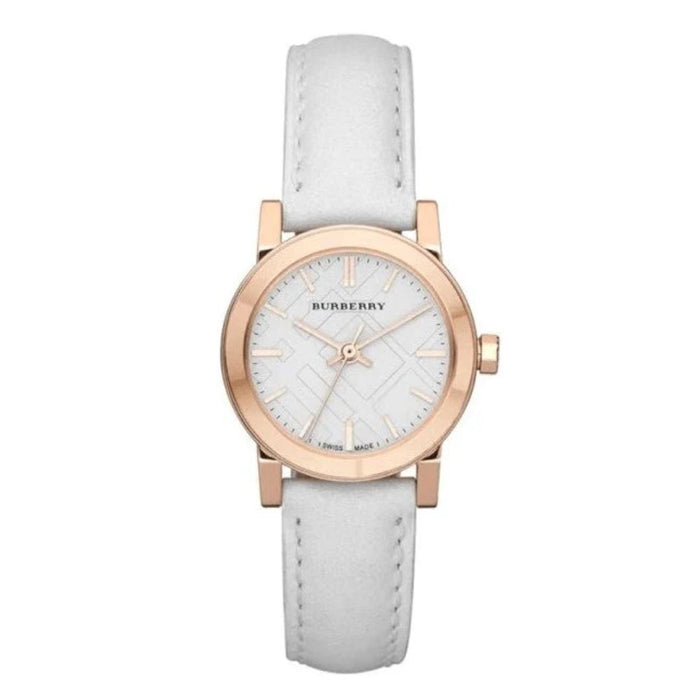 Burberry Rose Gold White Dial Watch with White Leather Strap BU9209- Authentic
