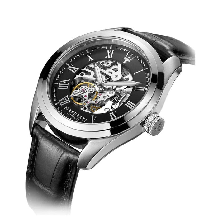 Maserati Men's Classic Skeleton Automatic Watch with Black Leather Strap - R8871612001 - Authentic