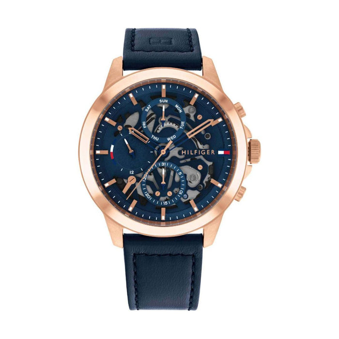Tommy Hilfiger Miles Skeleton Dial Watch – Rose Gold & Navy Leather - 1710475 - Authentic