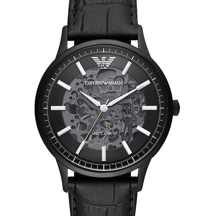 Emporio Armani Meccanico Automatic Black Dial Black Leather Strap Watch For Men Renato AR60042 - Authentic