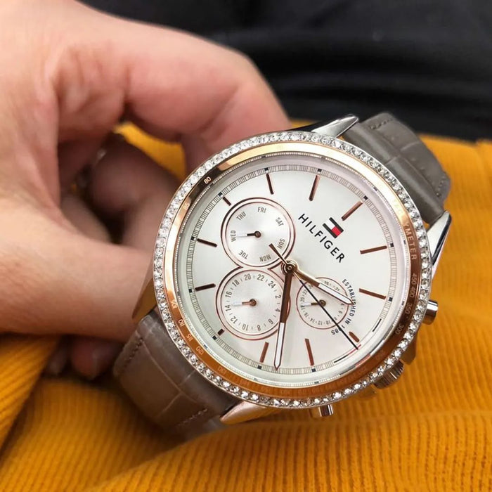 Tommy Hilfiger Ari Rose gold crystal grey leather 1781980 - Authentic