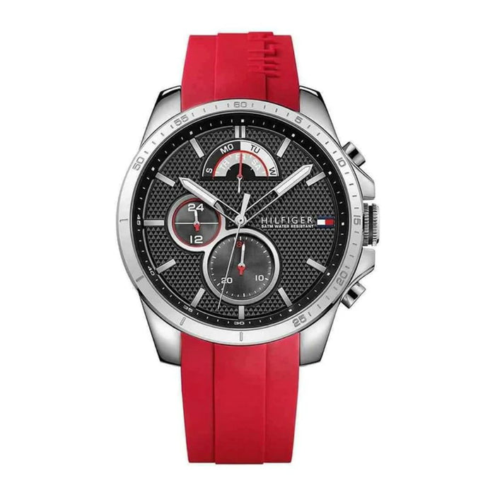 Tommy Hilfiger Men's Sport Chronograph Black Dial with Red Silicone Strap - 1791351 - Authentic
