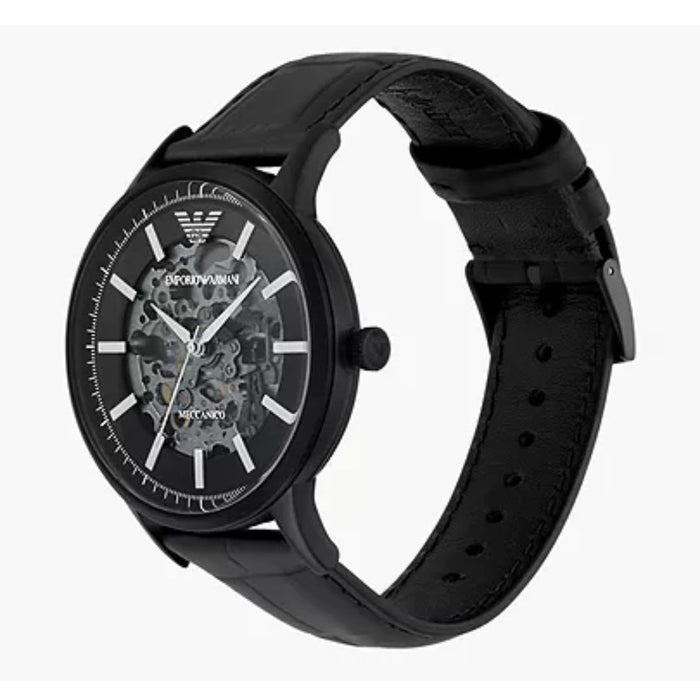 Emporio Armani Meccanico Automatic Black Dial Black Leather Strap Watch For Men Renato AR60042 - Authentic