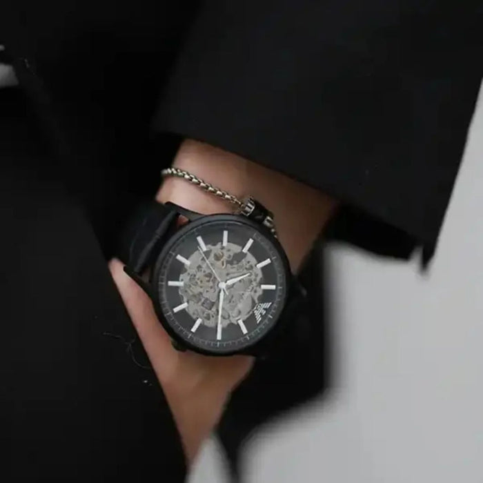 Emporio Armani Meccanico Automatic Black Dial Black Leather Strap Watch For Men Renato AR60042 - Authentic