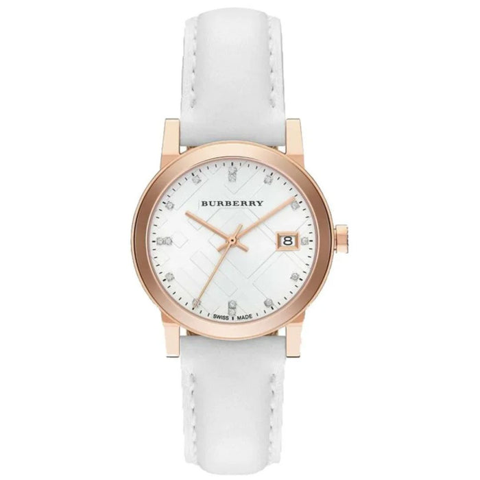 Burberry Rose Gold Ladies Watch with White Leather Strap BU9130 - Authentic