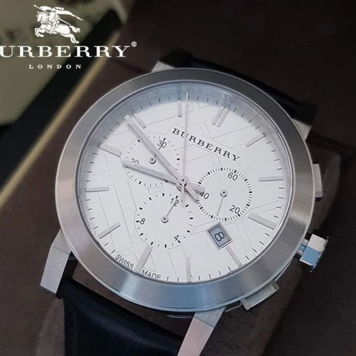 Burberry Silver Chronograph Watch with Black Leather Strap - Authentic