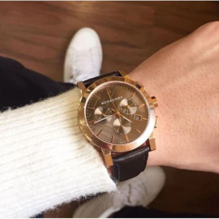 Burberry Rose Gold Chronograph Watch with Brown Leather Strap - Authentic