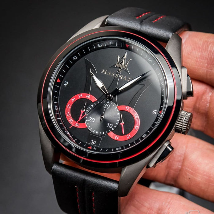 Maserati Men's Black and Red Chronograph Watch with Leather Strap - R8871612023 - Authentic