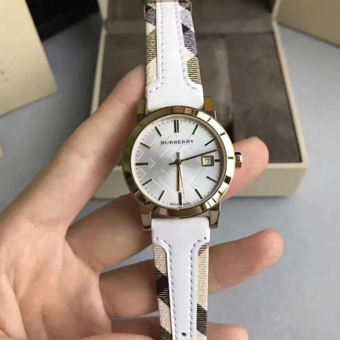 Burberry Women's Gold Case Watch with White Check Strap - Bu9015