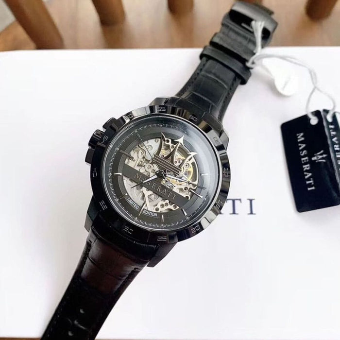 Maserati Men's Limited Edition Skeleton Watch with Black Leather Strap - R8821119007 - Authentic