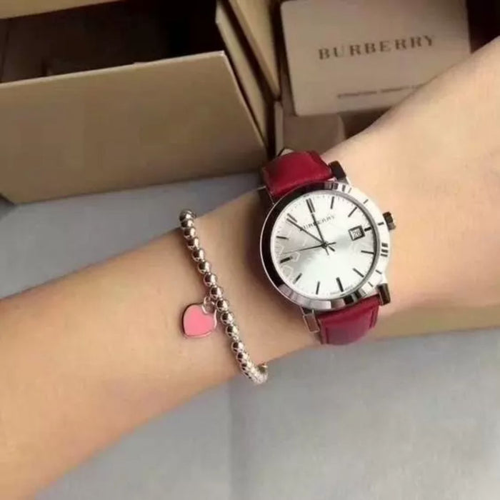 Burberry Silver Dial Watch – Burgundy Leather Strap BU9129 - Authentic