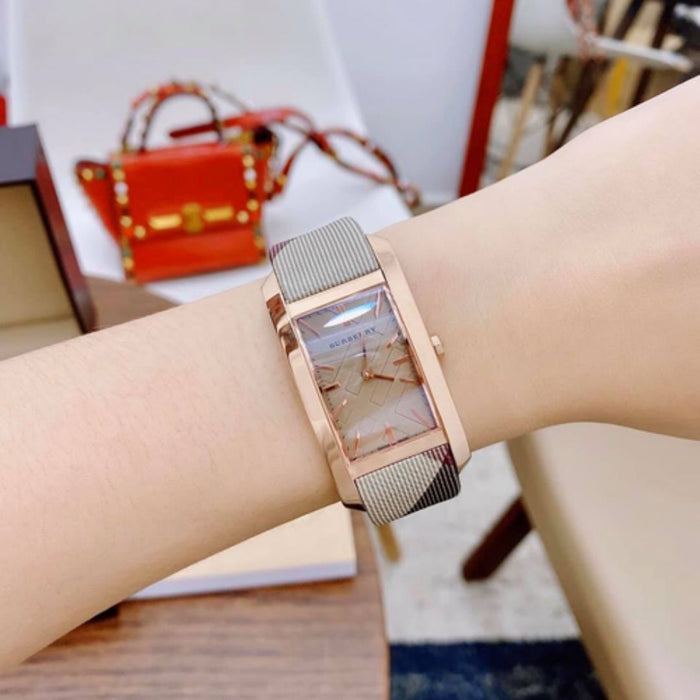 Burberry Rose Gold Rectangular Watch with Signature Check Strap BU9510 - Authentic