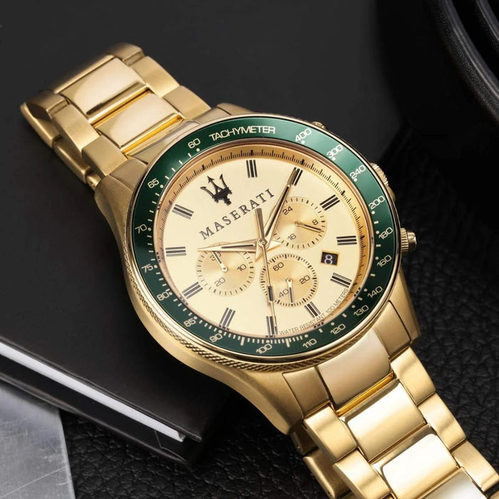 Maserati Successo Chronograph Gold & Green Watch - R8873640005 - Authentic
