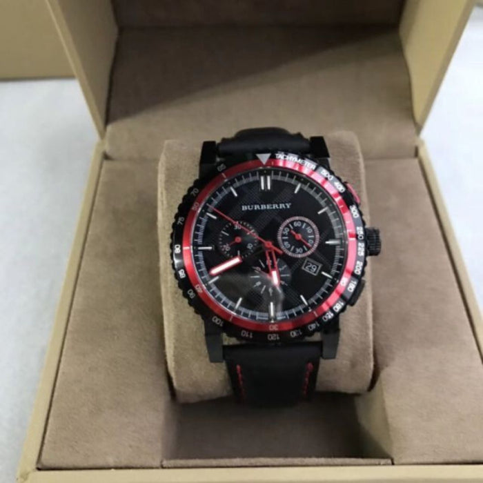 Burberry Sport Chronograph Watch – Black & Red Leather - Authentic