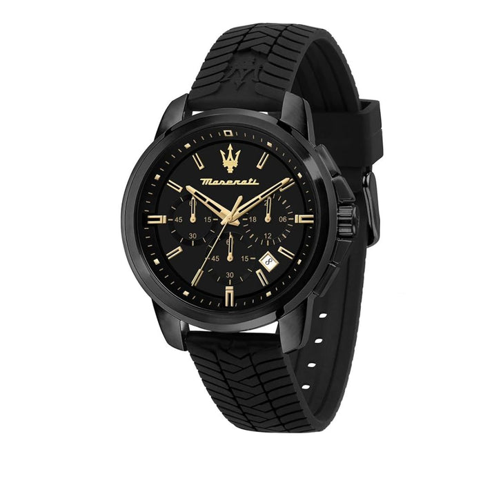 Maserati Men's Black Chronograph Watch with Gold Accents and Rubber Strap - R88711621011 - Authentic