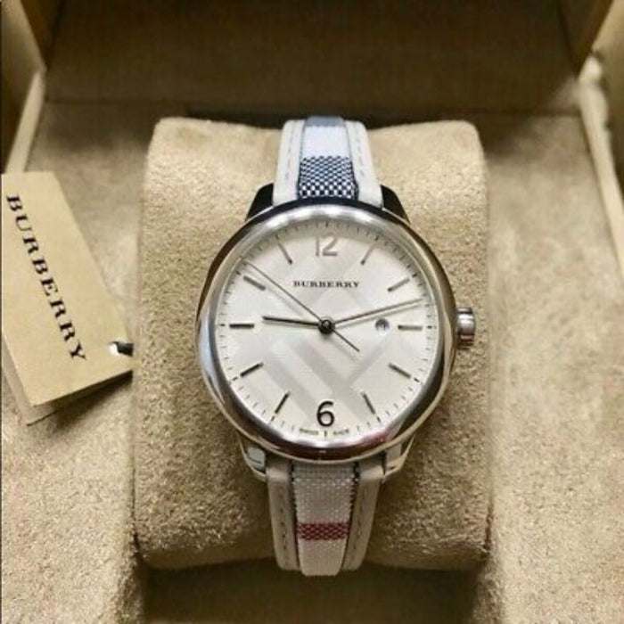Burberry Classic Silver Watch – Ivory Dial with Check Strap BU10113 - Authentic