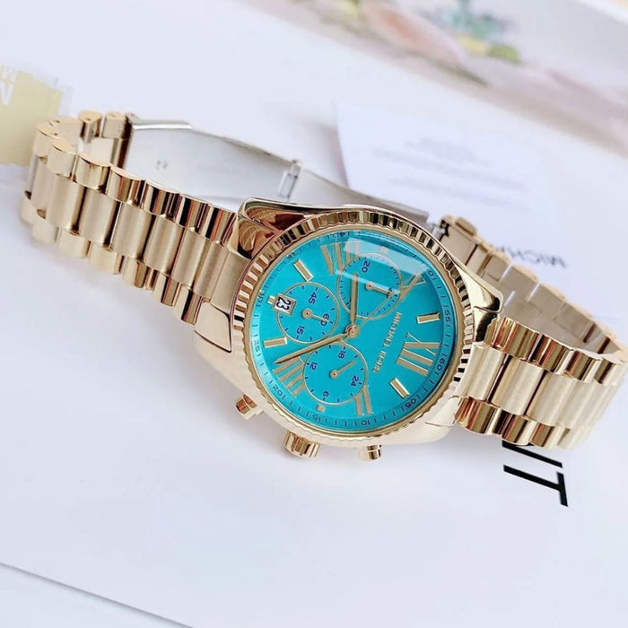Michael Kors Lexington Chronograph Blue Dial Gold Steel Strap Watch For Women  MK7216Authentic