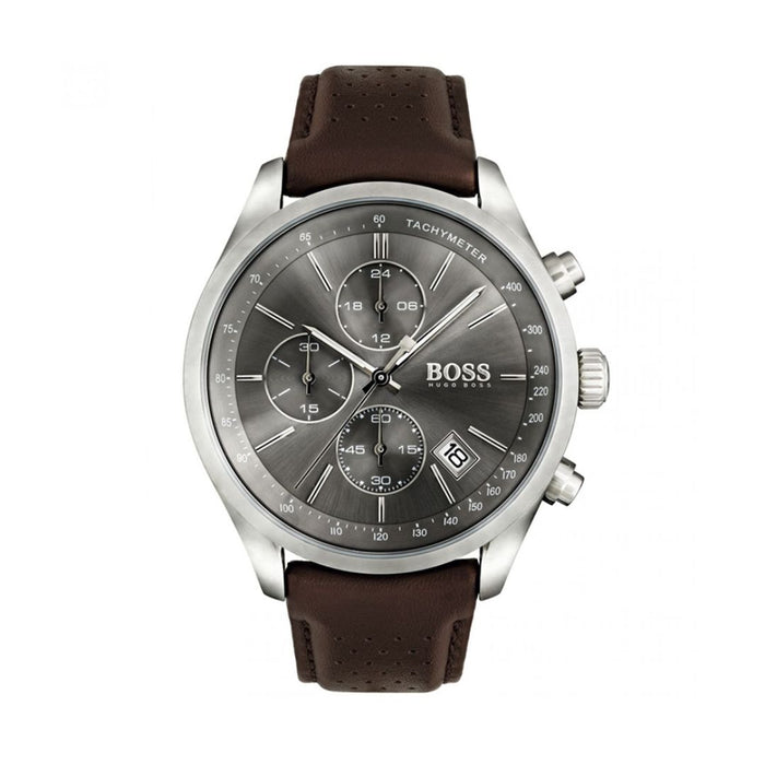 Hugo Boss Chronograph Watch – Silver Dial with Brown Leather Strap - 1513476 - Authentic