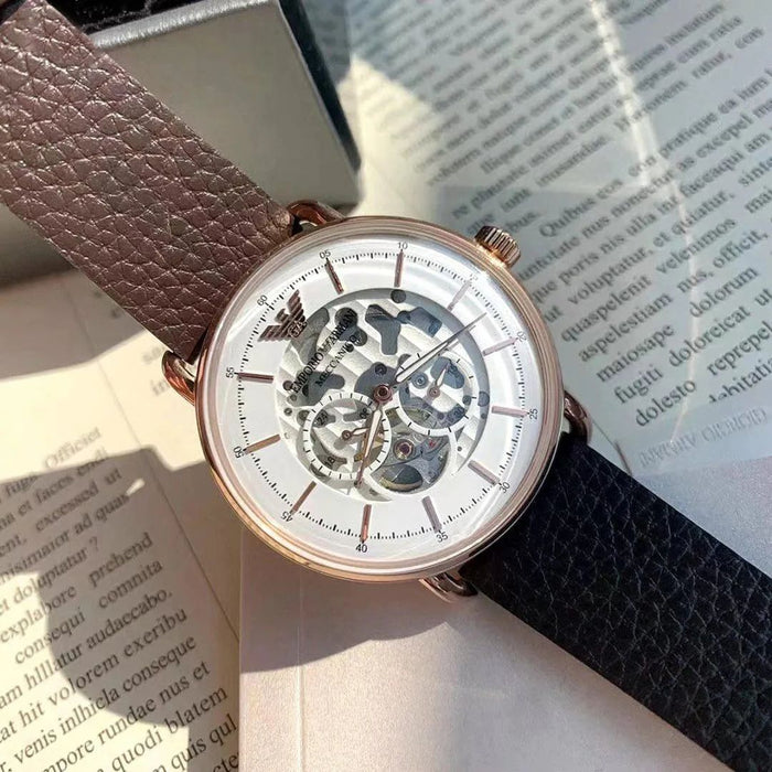 Emporio Armani Men's Automatic Leather Strap White Dial 43mm Watch AR60027 - Authentic