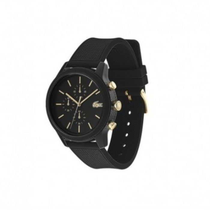 LACOSTE 2011012 12.12 BLACK CHRONGRAPH DIAL BLACK SILICONE STRAP MENS WATCH - Authentic