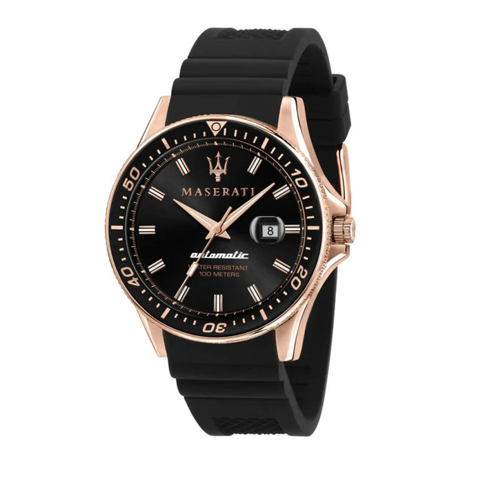 Maserati Men's Rose Gold Automatic Watch with Black Rubber Strap - R8821140001 - Authentic