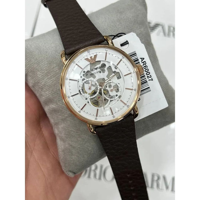 Emporio Armani Men's Automatic Leather Strap White Dial 43mm Watch AR60027 - Authentic