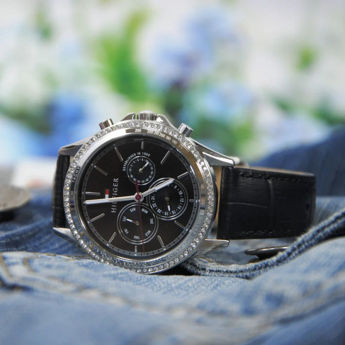 Tommy Hilfiger Ari Diamonds Black Dial Black Leather Strap - 1781981 - Authentic