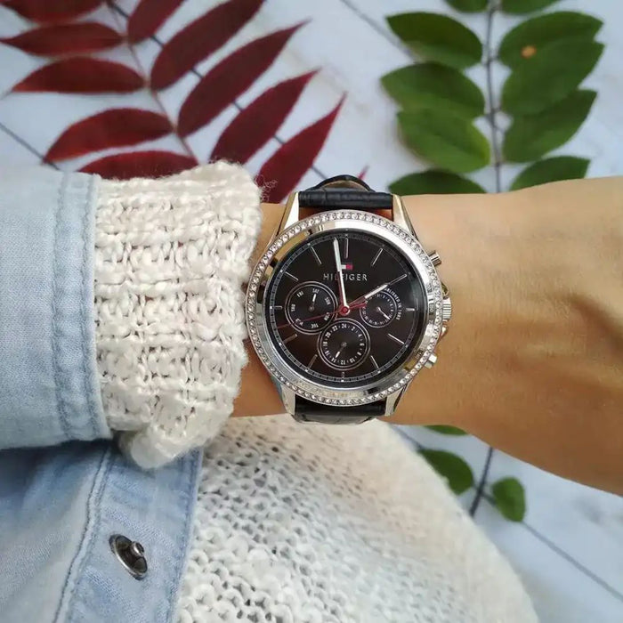 Tommy Hilfiger Ari Diamonds Black Dial Black Leather Strap - 1781981 - Authentic