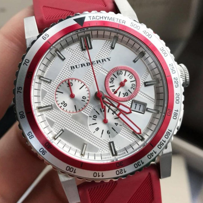 Burberry City Sport Chronograph White Dial Red Rubber Strap Watch For Men BU9809 - Authentic