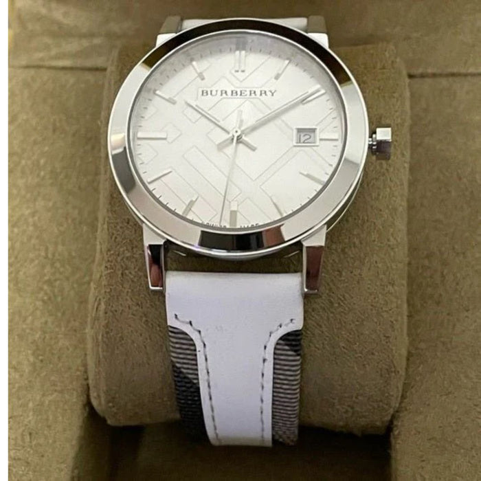 Burberry Silver Watch – White Leather & Iconic Check Strap BU9019 - Authentic