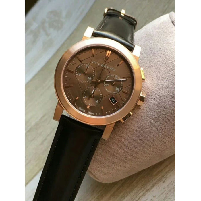 Burberry Rose Gold Chronograph Watch with Brown Leather Strap - Authentic