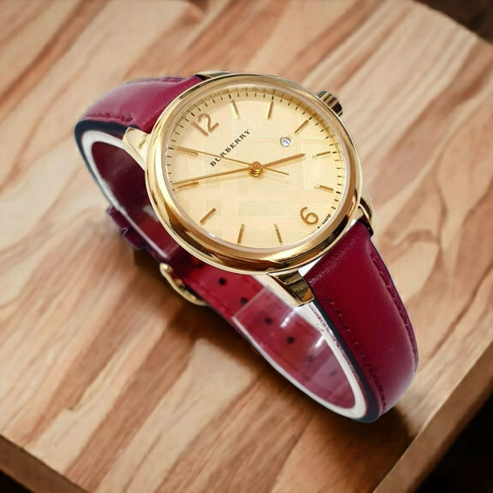 Burberry Gold & Red Leather Women's Watch - Authentic