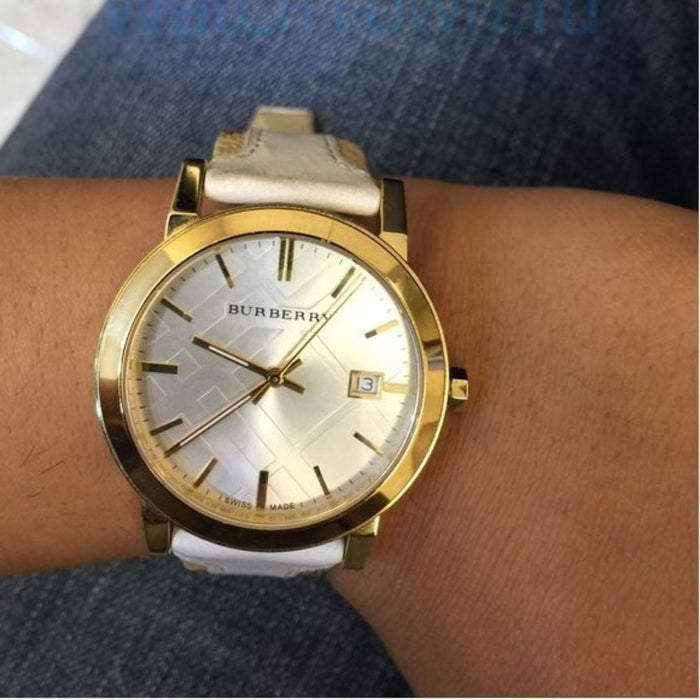 Burberry Women's Gold Case Watch with White Check Strap - Bu9015