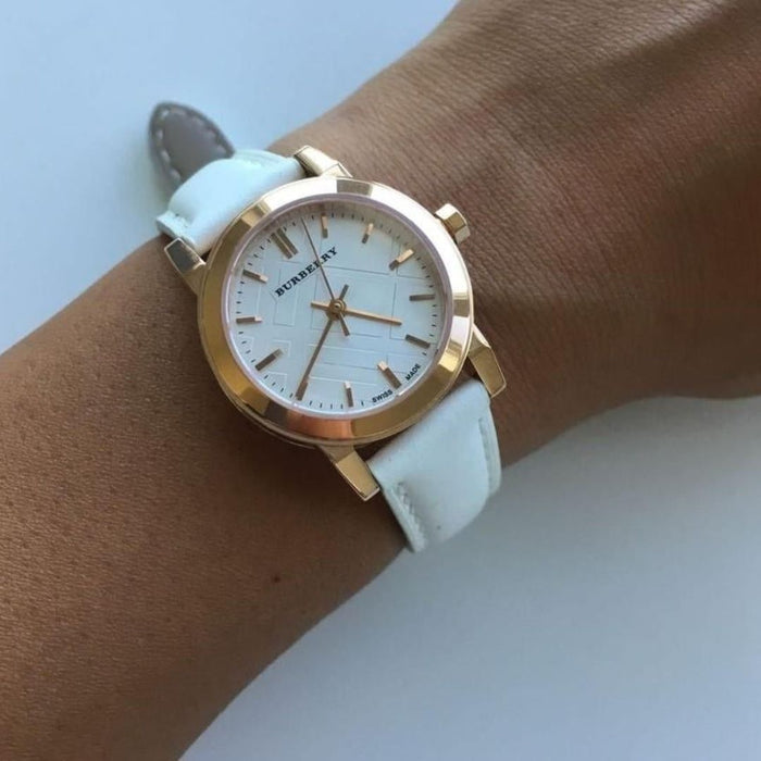 Burberry Rose Gold White Dial Watch with White Leather Strap BU9209- Authentic