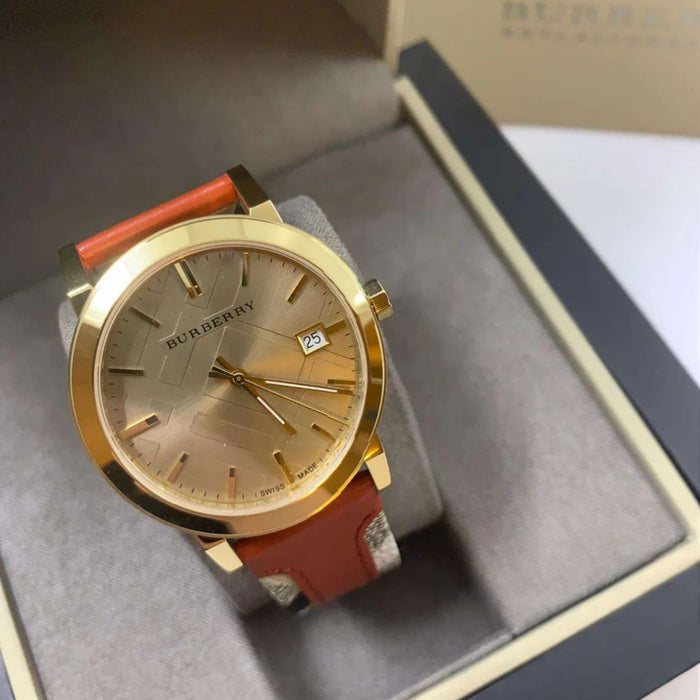 Burberry Gold Case Watch with Orange Leather Check Strap BU9016 - Authentic