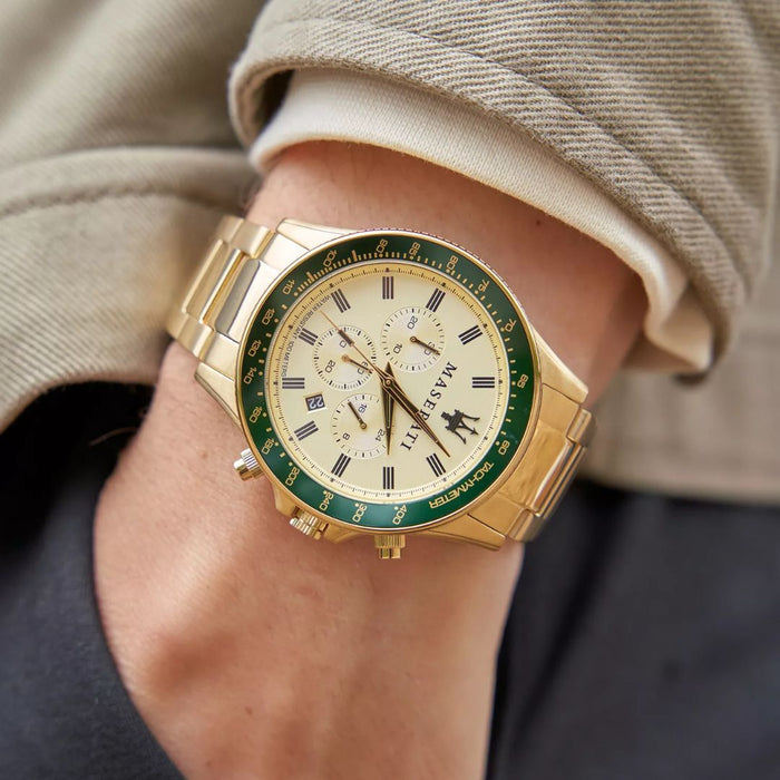 Maserati Successo Chronograph Gold & Green Watch - R8873640005 - Authentic