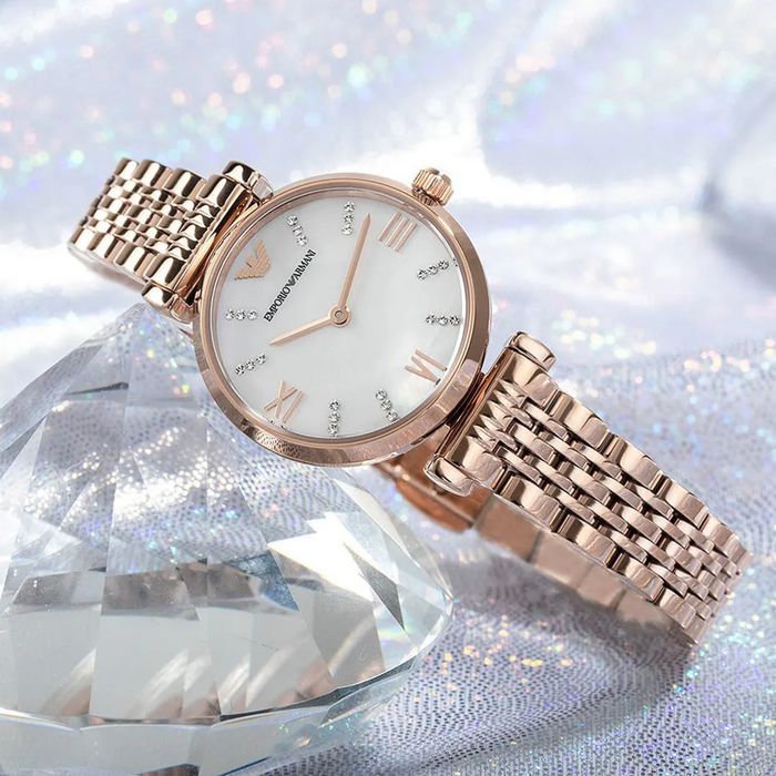 Emporio Armani AR11316 Gianni T-bar Rose Gold Pearl Dial 28mm Ladies Watch NEW - Authetic
