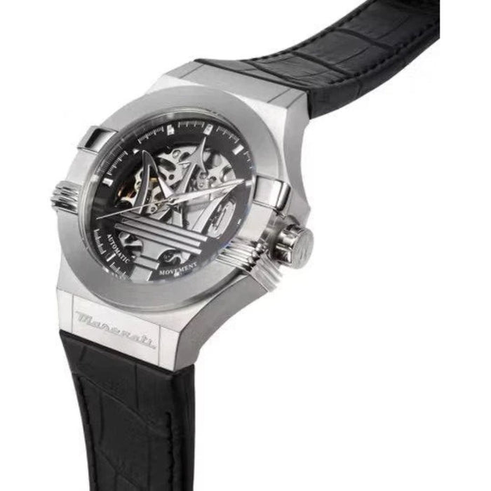 Maserati Men's Silver Skeleton Automatic Watch with Black Leather Strap - R8821108001 - Authentic