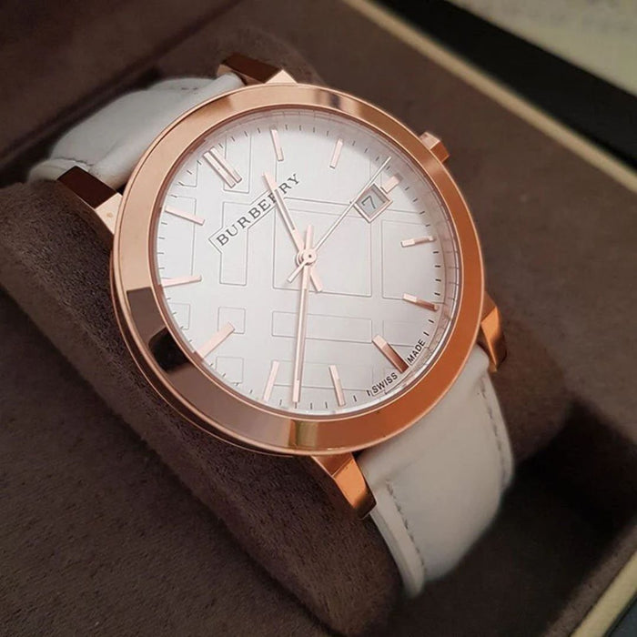 Burberry The City White Dial White Leather Strap Watch for Women - BU9012 - Authentic