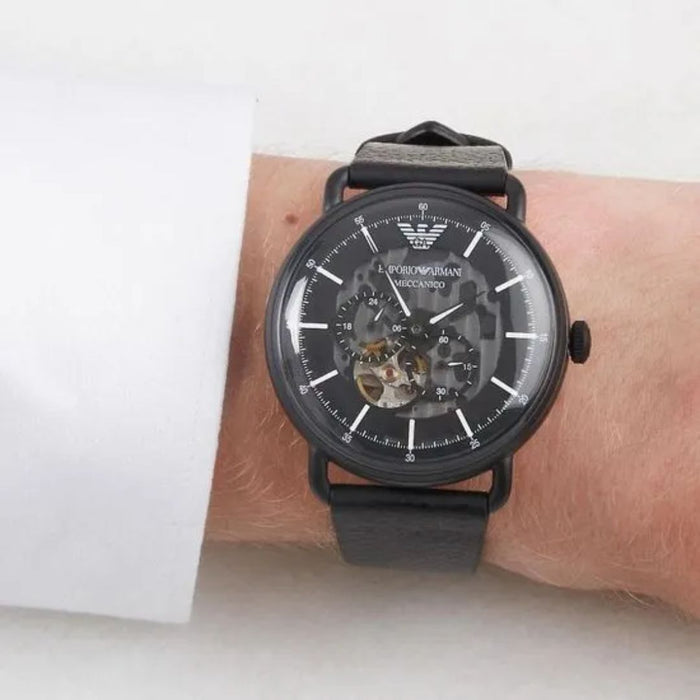 Emporio Armani Multifunction Black Leather Watch - AR60028 - Authentic